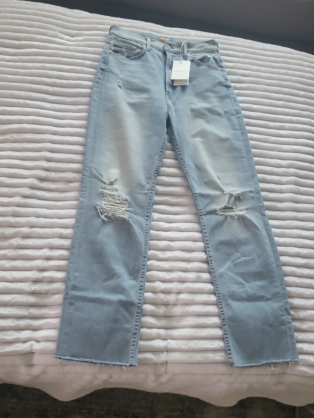 MOTHER Light Blue Distressed Straight Jeans